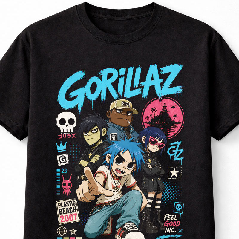 Gorillaz Feel Good Inc Plastic Beach Animated Band Graphic T-Shirt 2D Murdoc Noodle Russel Music Fan Alt Rock Tee Adult & Kids Unisex T-Shirt