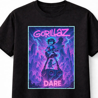 Gorillaz DARE T-Shirt Neon Punk Rock Art Unisex Black Graphic Tee