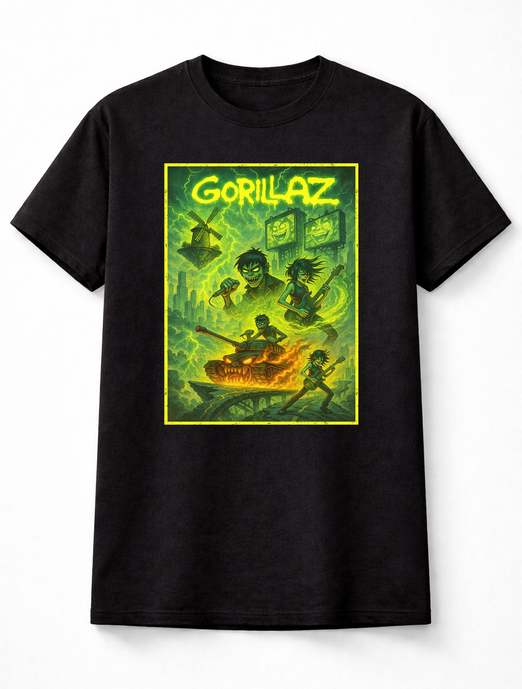 Gorillaz T-Shirt Neon Apocalypse Band Art Unisex Black Graphic Tee