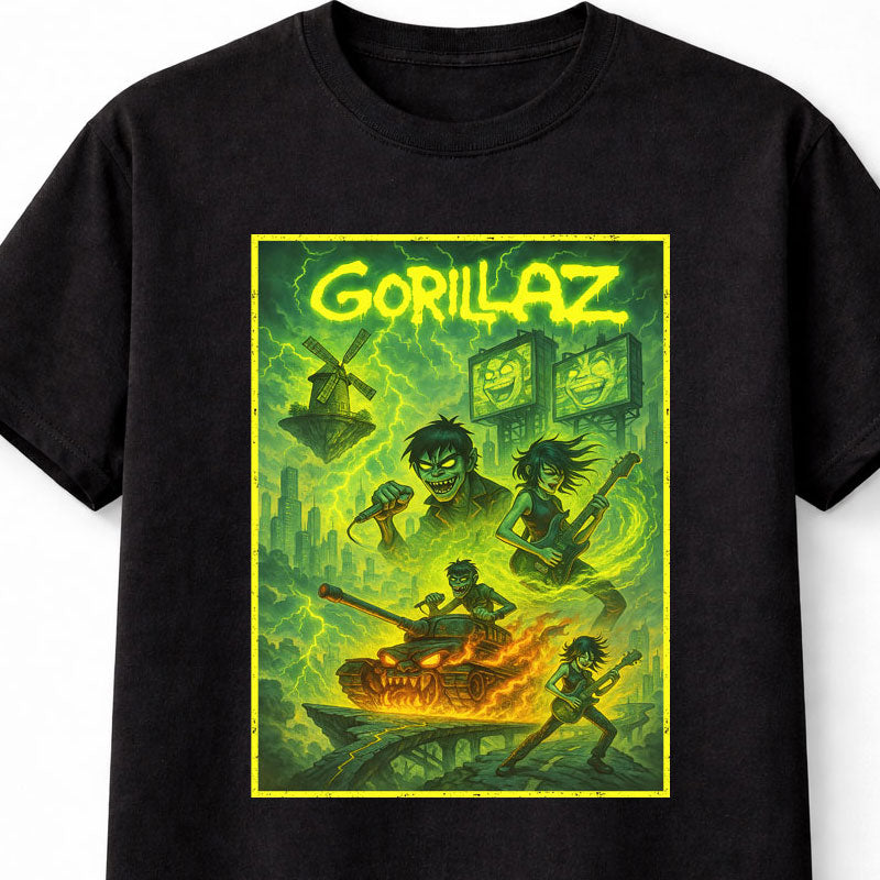 Gorillaz T-Shirt Neon Apocalypse Band Art Unisex Black Graphic Tee
