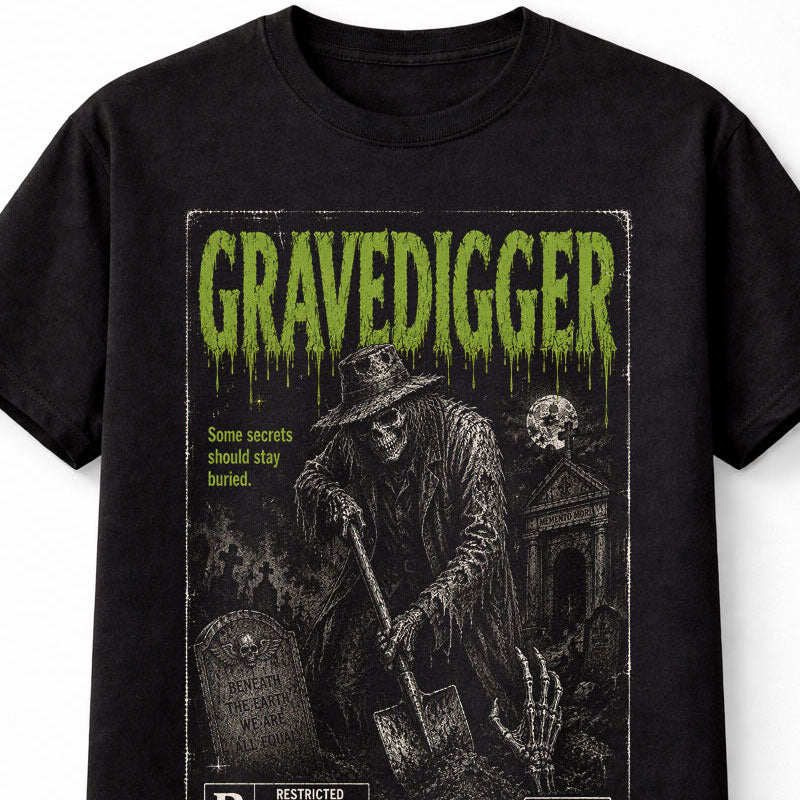 Gravedigger Horror Skeleton Graveyard VHS Gothic Halloween Unisex T-Shirt