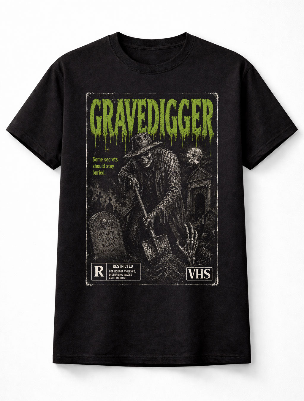 Gravedigger Horror Skeleton Graveyard VHS Gothic Halloween Unisex T-Shirt