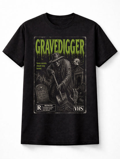 Gravedigger Horror Skeleton Graveyard VHS Gothic Halloween Unisex T-Shirt