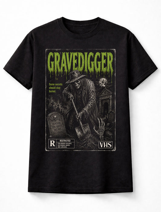 Gravedigger Horror Skeleton Graveyard VHS Gothic Halloween Unisex T-Shirt