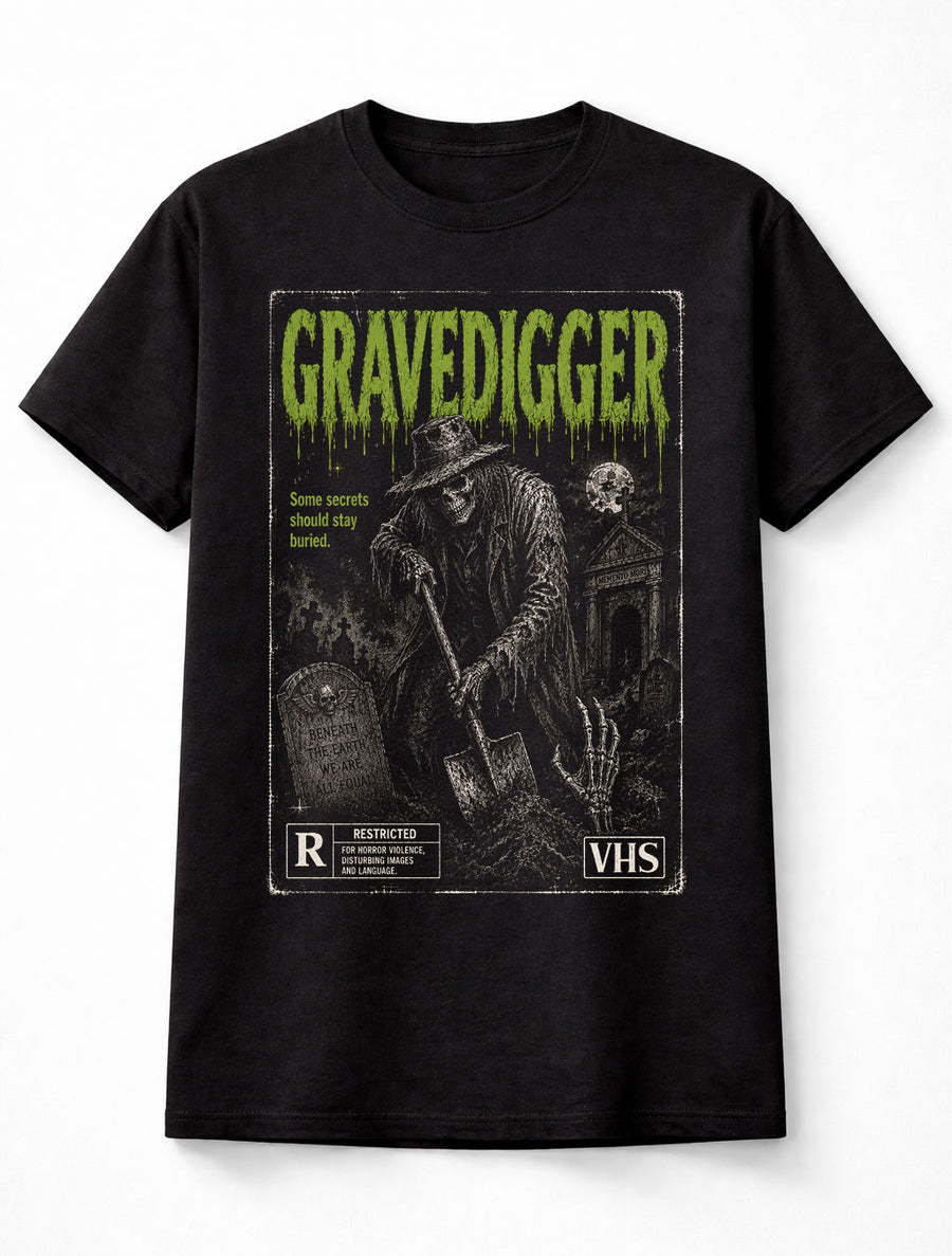 Gravedigger Horror Skeleton Graveyard VHS Gothic Halloween Unisex T-Shirt