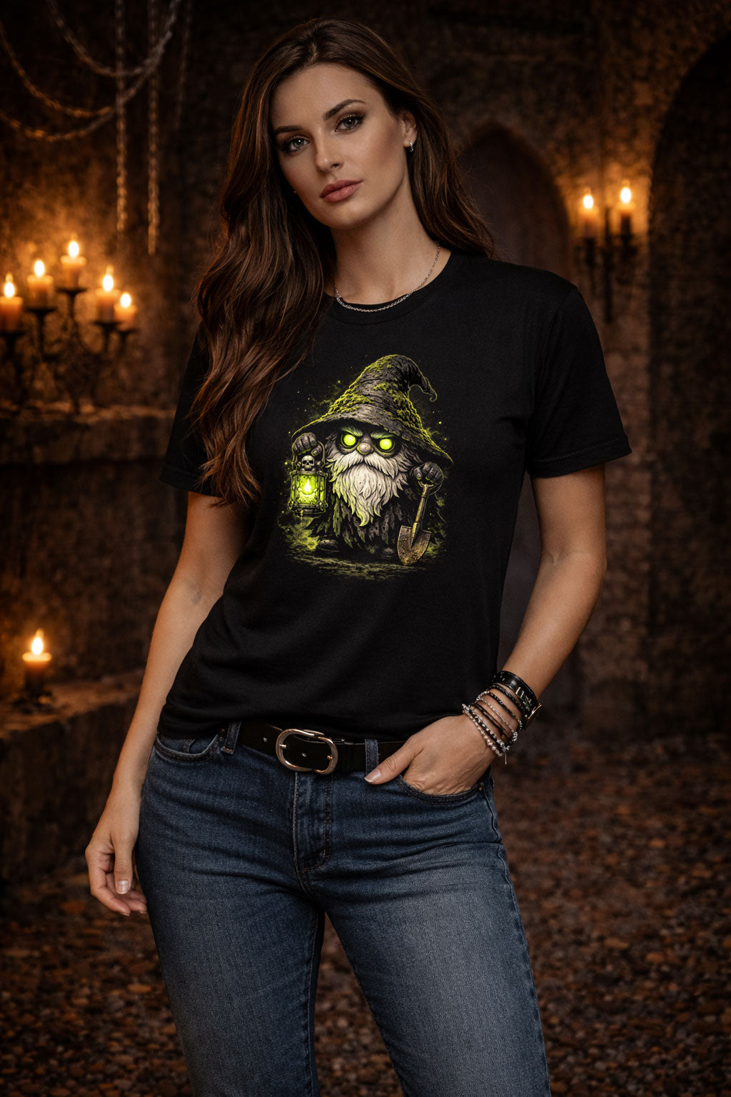 Gravedigger Gnome Gardening Unisex Graphic T-Shirt Lantern Dark Art Tee