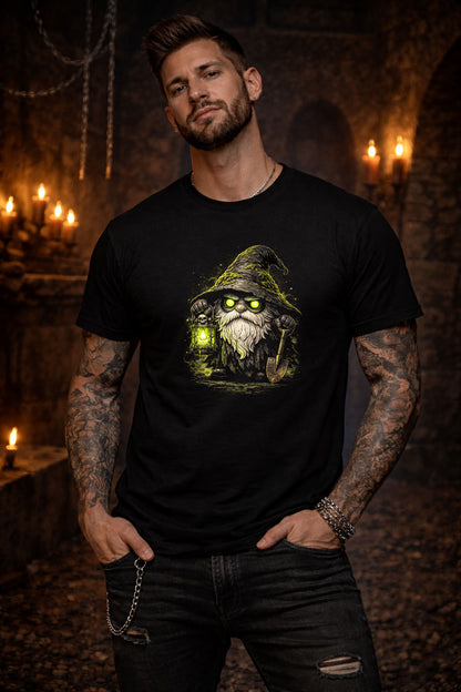 Gravedigger Gnome Gardening Unisex Graphic T-Shirt Lantern Dark Art Tee