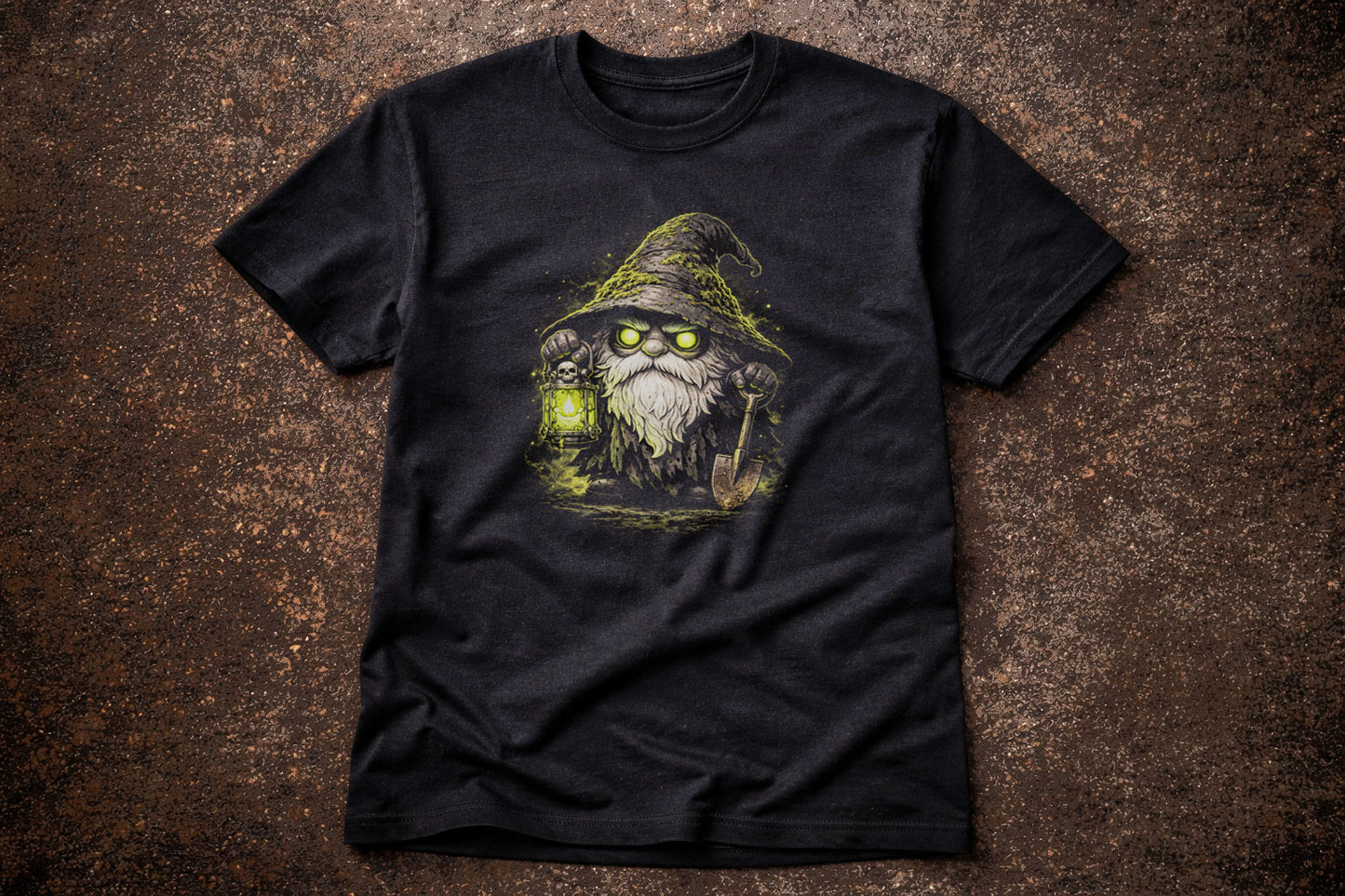 Gravedigger Gnome Gardening Unisex Graphic T-Shirt Lantern Dark Art Tee