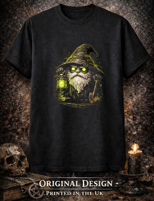 Gravedigger Gnome Gardening Unisex Graphic T-Shirt Lantern Dark Art Tee