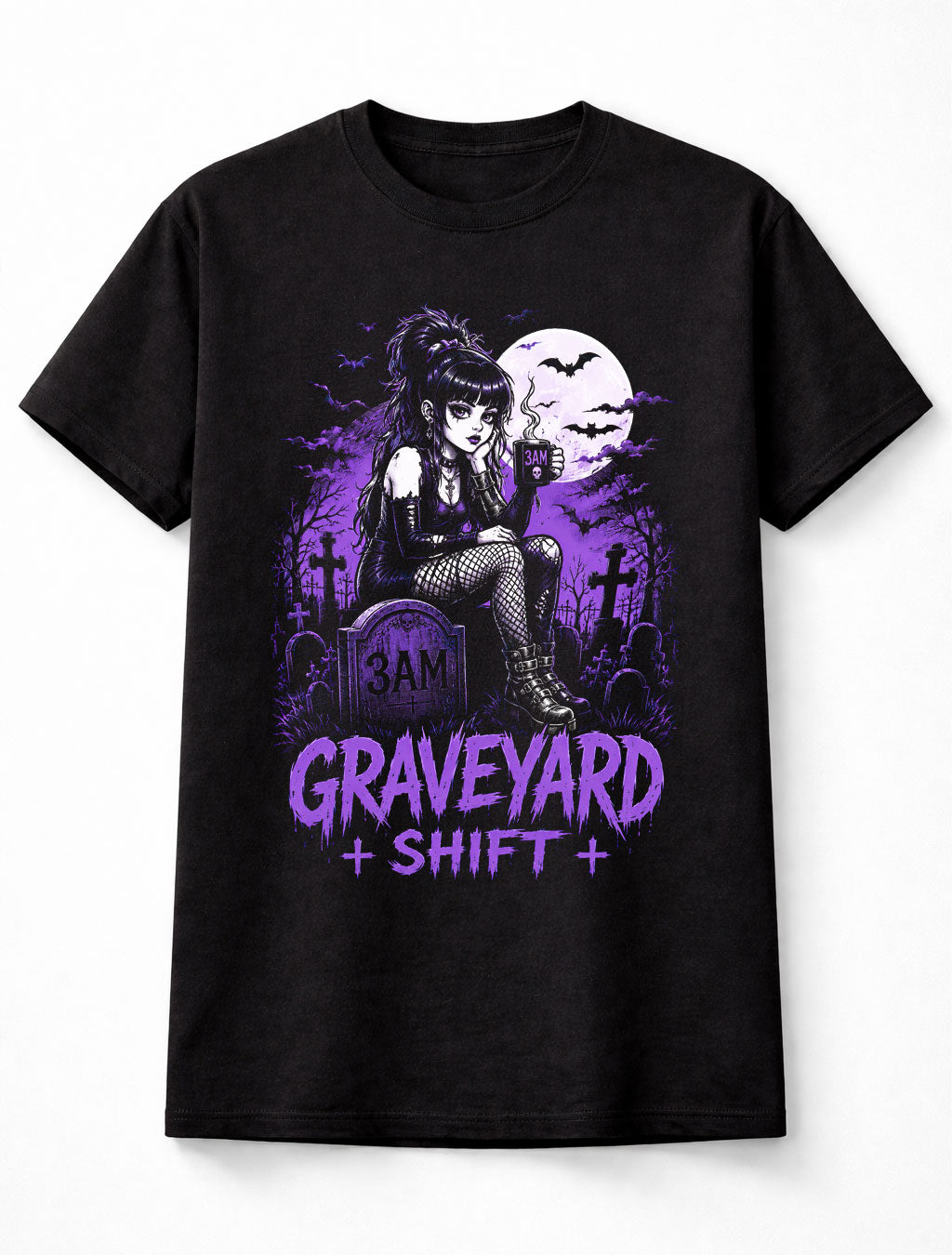 Graveyard Shift Goth Girl Cemetery Moon Bats Graphic Unisex T-Shirt