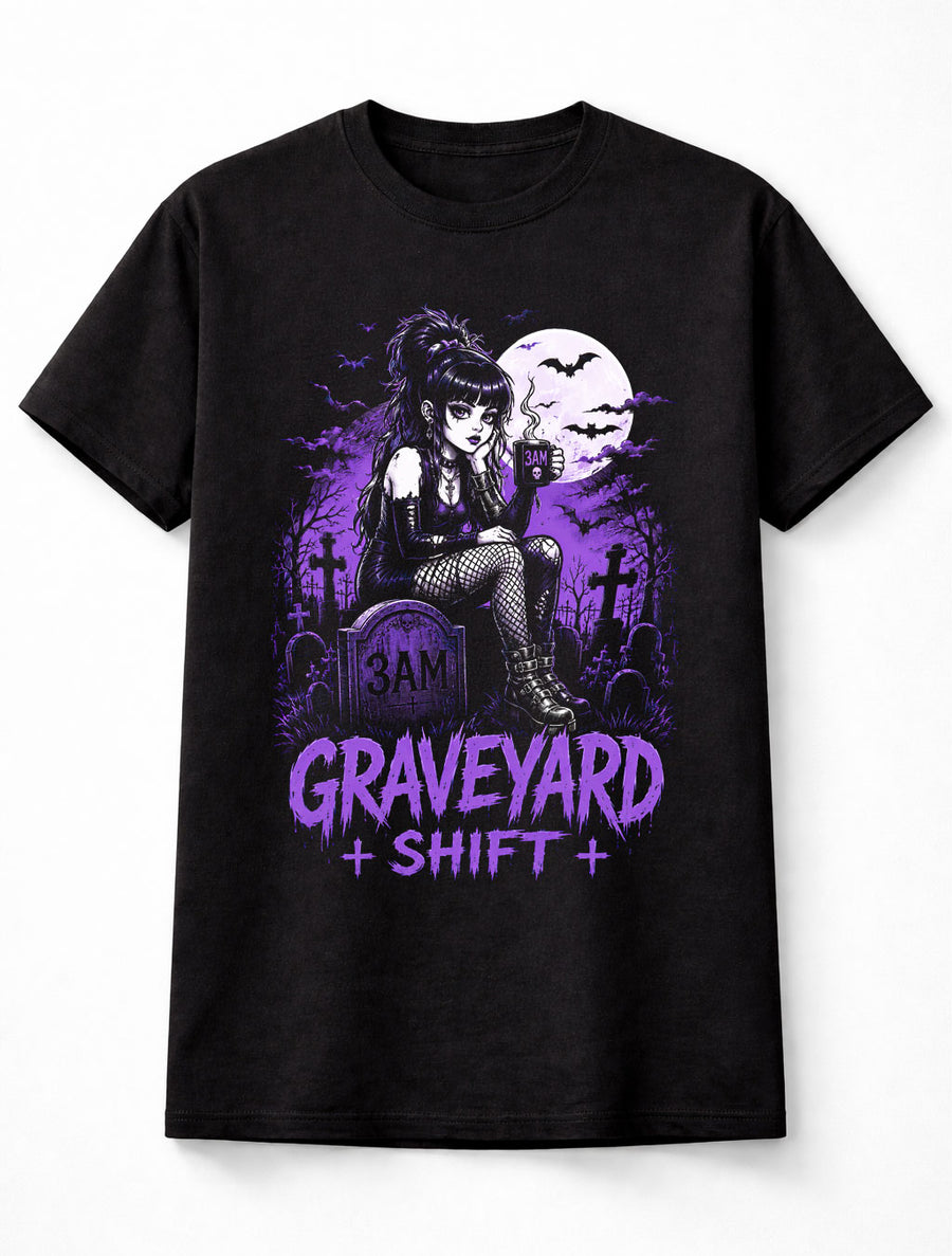 Graveyard Shift Goth Girl Cemetery Moon Bats Graphic Unisex T-Shirt
