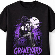 Graveyard Shift Goth Girl Cemetery Moon Bats Graphic Unisex T-Shirt