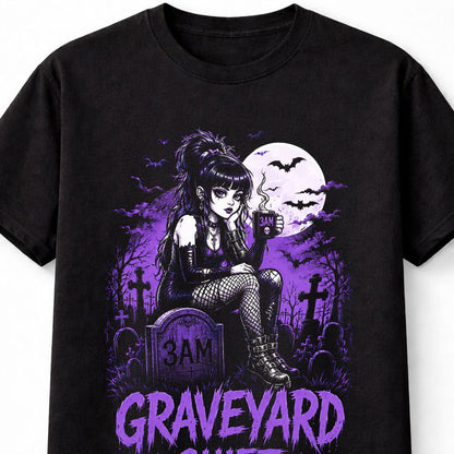 Graveyard Shift Goth Girl Cemetery Moon Bats Graphic Unisex T-Shirt