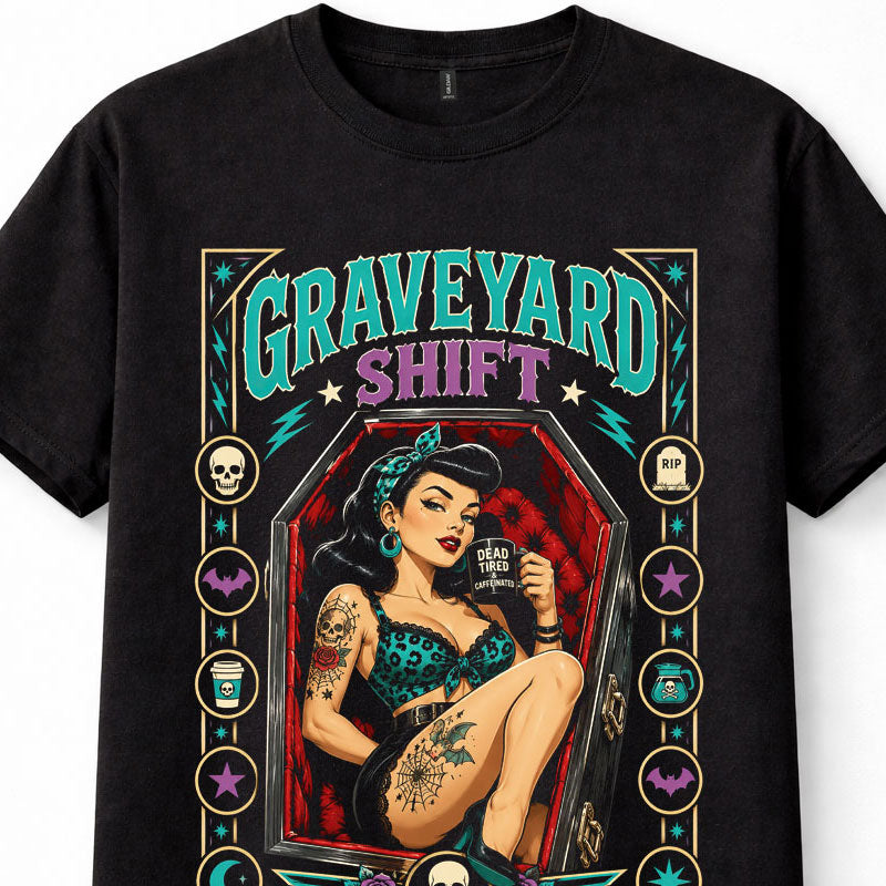 Graveyard Shift Pin Up Girl Gothic Coffin Tattoo Skull Unisex T-Shirt