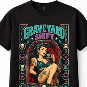 Graveyard Shift Pin Up Girl Gothic Coffin Tattoo Skull Unisex T-Shirt