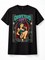 Graveyard Shift Pin Up Girl Gothic Coffin Tattoo Skull Unisex T-Shirt
