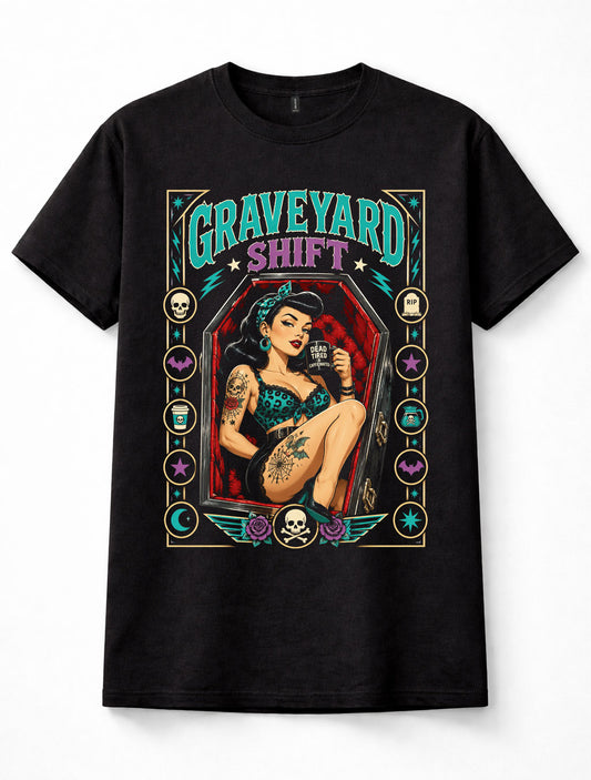 Graveyard Shift Pin Up Girl Gothic Coffin Tattoo Skull Unisex T-Shirt