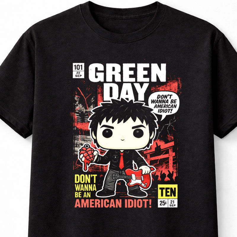 Billie Joe Armstrong Green Day T-Shirt Punk Rock Comic Style Unisex Black Graphic Tee