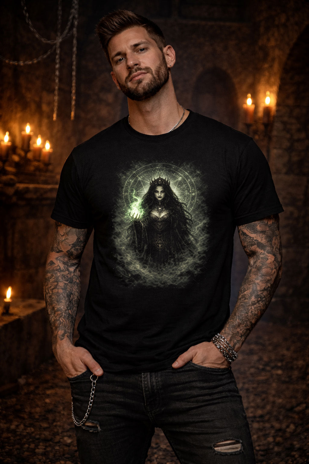 Witch T-Shirt Dark Fantasy Green Gothic Arcane Ritual Unisex Black Graphic Tee