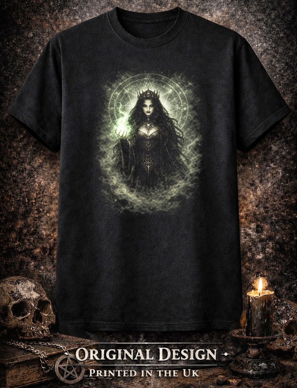 Witch T-Shirt Dark Fantasy Green Gothic Arcane Ritual Unisex Black Graphic Tee