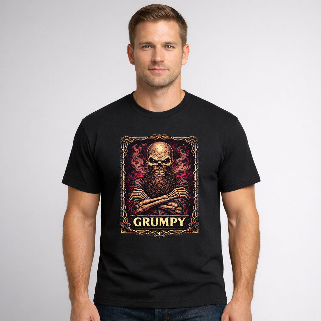 Grumpy Skull Skeleton Man Beard Unisex T-Shirt Dark Attitude Gothic Art Tee