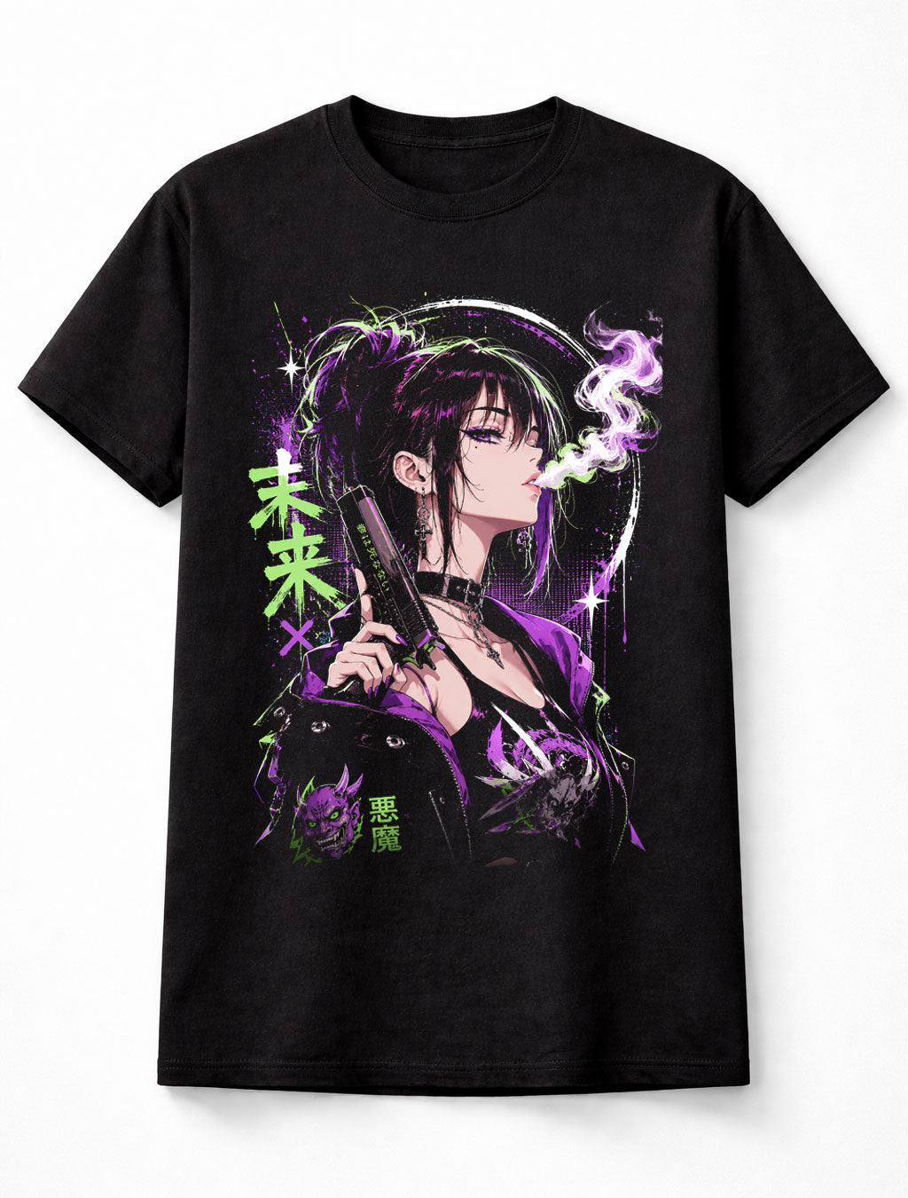 Cyberpunk Anime Girl Neon Goth Futuristic Manga Graphic Unisex T-Shirt