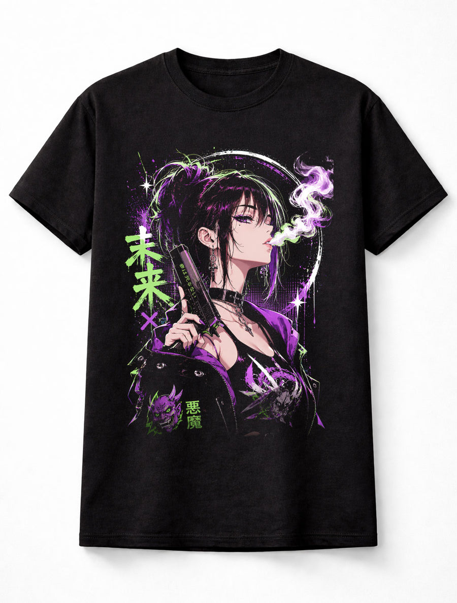 Cyberpunk Anime Girl Neon Goth Futuristic Manga Graphic Unisex T-Shirt