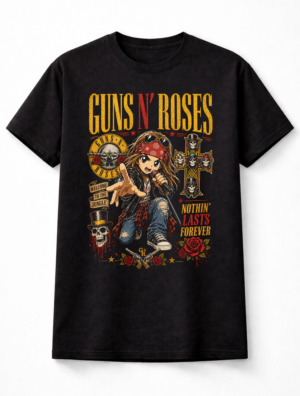 Guns N Roses Axl Rose Slash Rock Band Graphic T-Shirt Welcome To The Jungle Nothin Lasts Forever Music Fan Classic Rock Tee Adult & Kids Unisex T-Shirt
