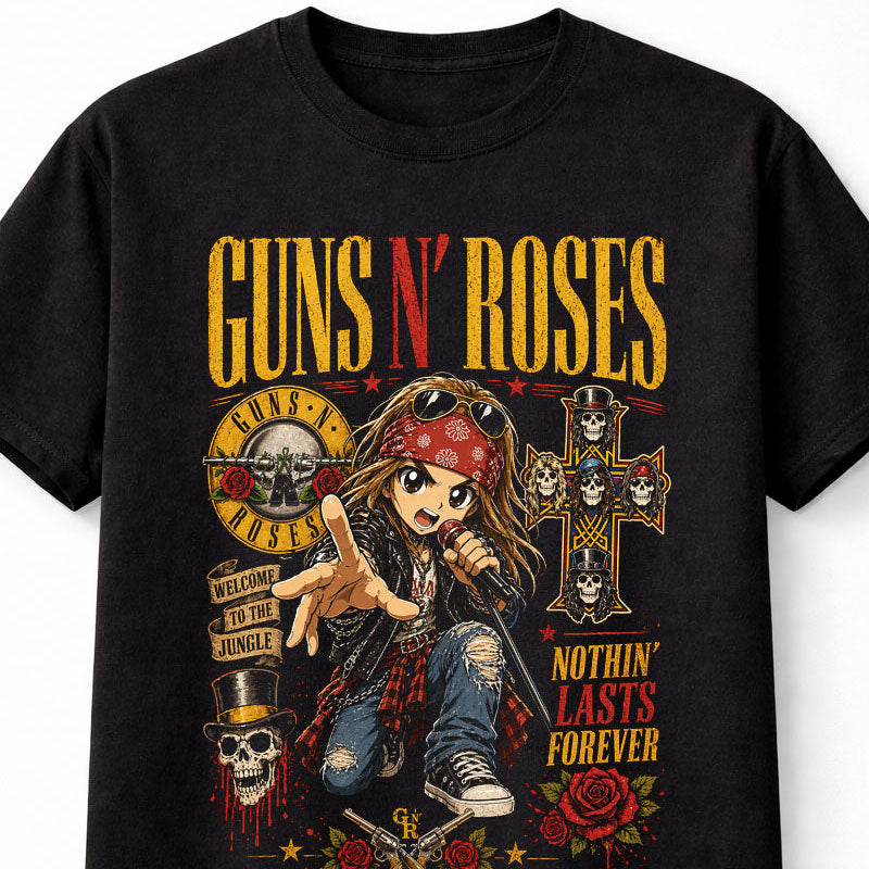 Guns N Roses Axl Rose Slash Rock Band Graphic T-Shirt Welcome To The Jungle Nothin Lasts Forever Music Fan Classic Rock Tee Adult & Kids Unisex T-Shirt