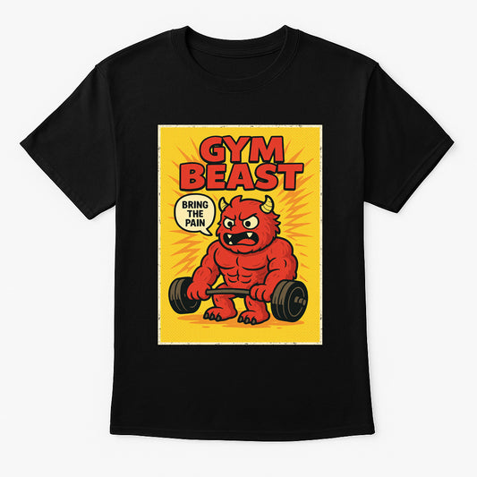 Gym Beast unisex t-shirt featuring cartoon red monster lifting weights on yellow background, fitness and gym design printed on black cotton tee