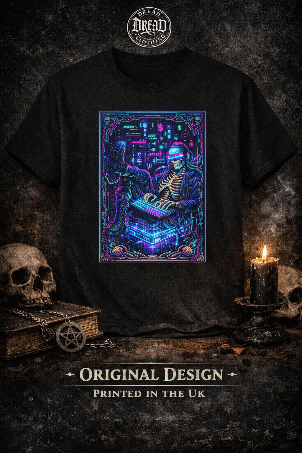 Retro Neon Hacker Skeleton Unisex Gothic Cyberpunk Gamer Graphic T-Shirt
