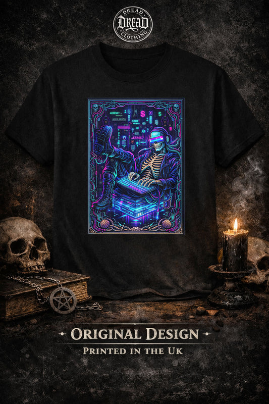 Retro Neon Hacker Skeleton Unisex Gothic Cyberpunk Gamer Graphic T-Shirt