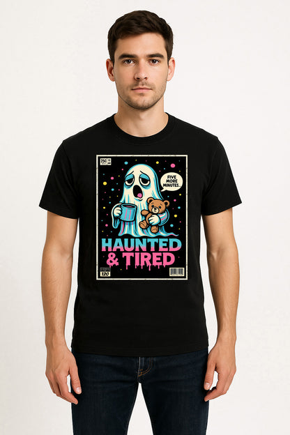 Haunted & Tired Unisex T-Shirt Funny Ghost Teddy Bear Coffee Comic Tee
