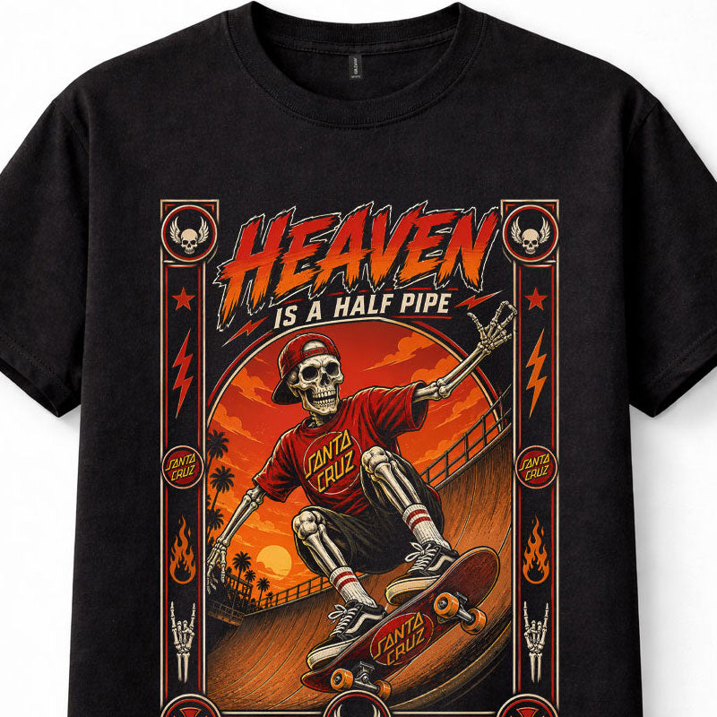 Santa Cruz Heaven Is A Half Pipe Skateboard Skeleton Skater Black Unisex T-Shirt