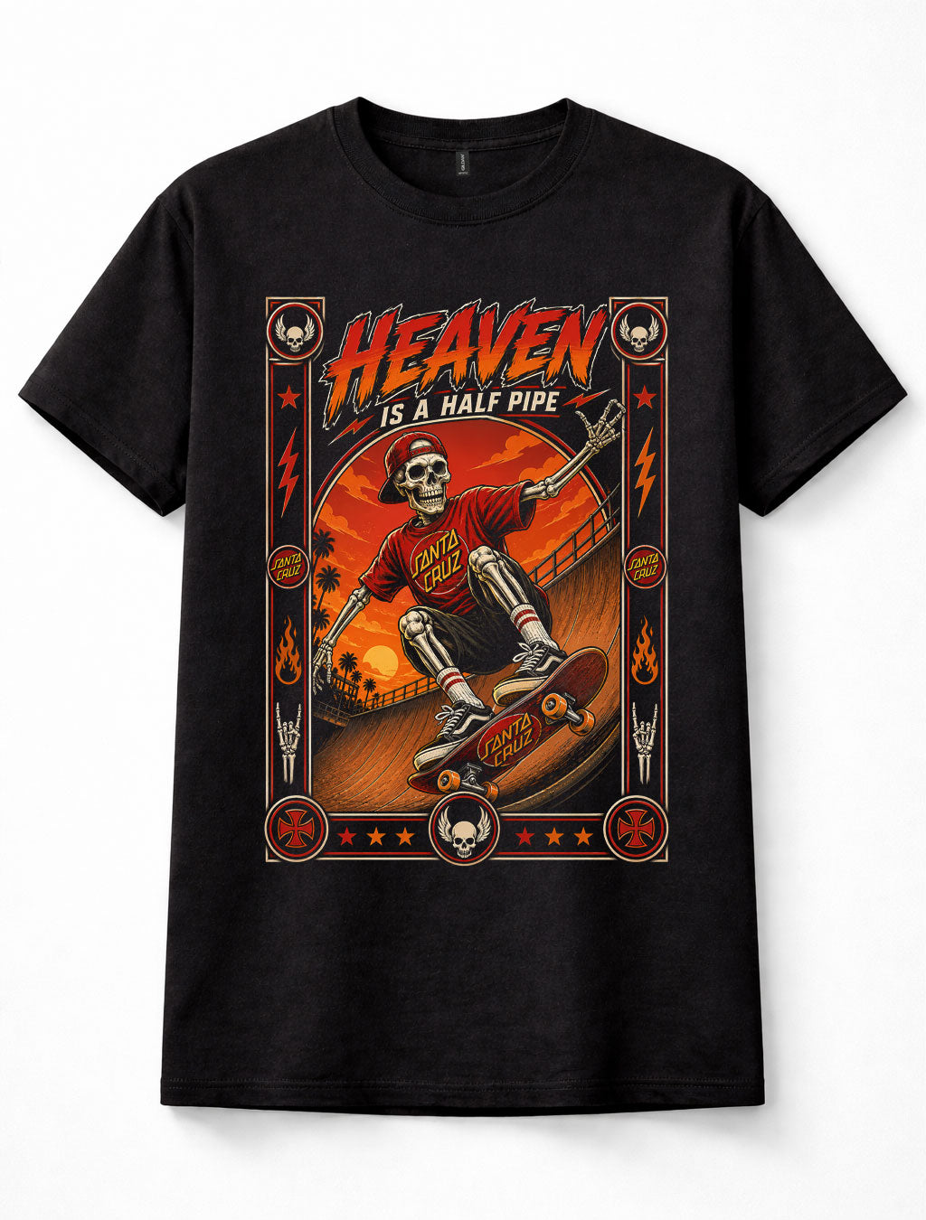 Santa Cruz Heaven Is A Half Pipe Skateboard Skeleton Skater Black Unisex T-Shirt