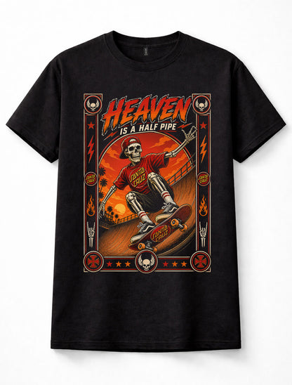 Santa Cruz Heaven Is A Half Pipe Skateboard Skeleton Skater Black Unisex T-Shirt