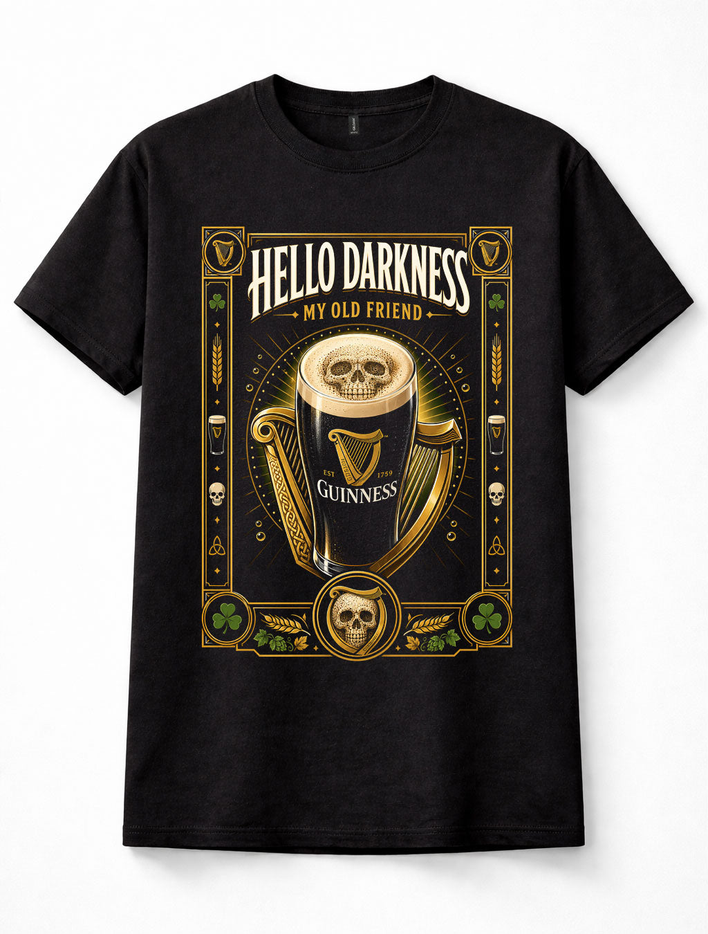 Guinness Hello Darkness My Old Friend Irish Stout Skull Black Unisex T-Shirt