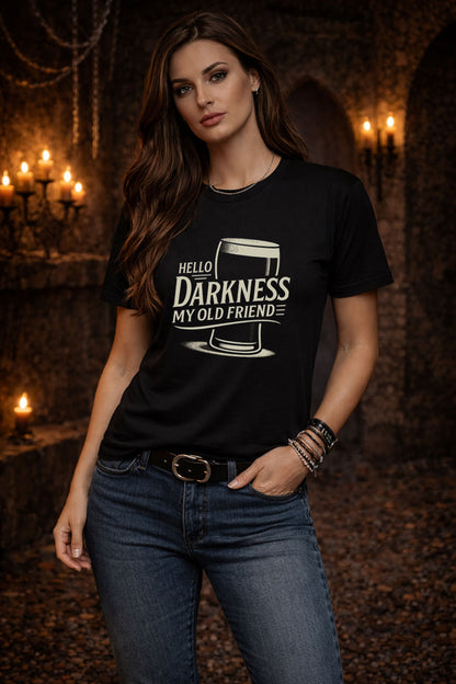 Hello Darkness My Old Friend T Shirt Dark Humour Beer Guinness Funny Graphic Tee