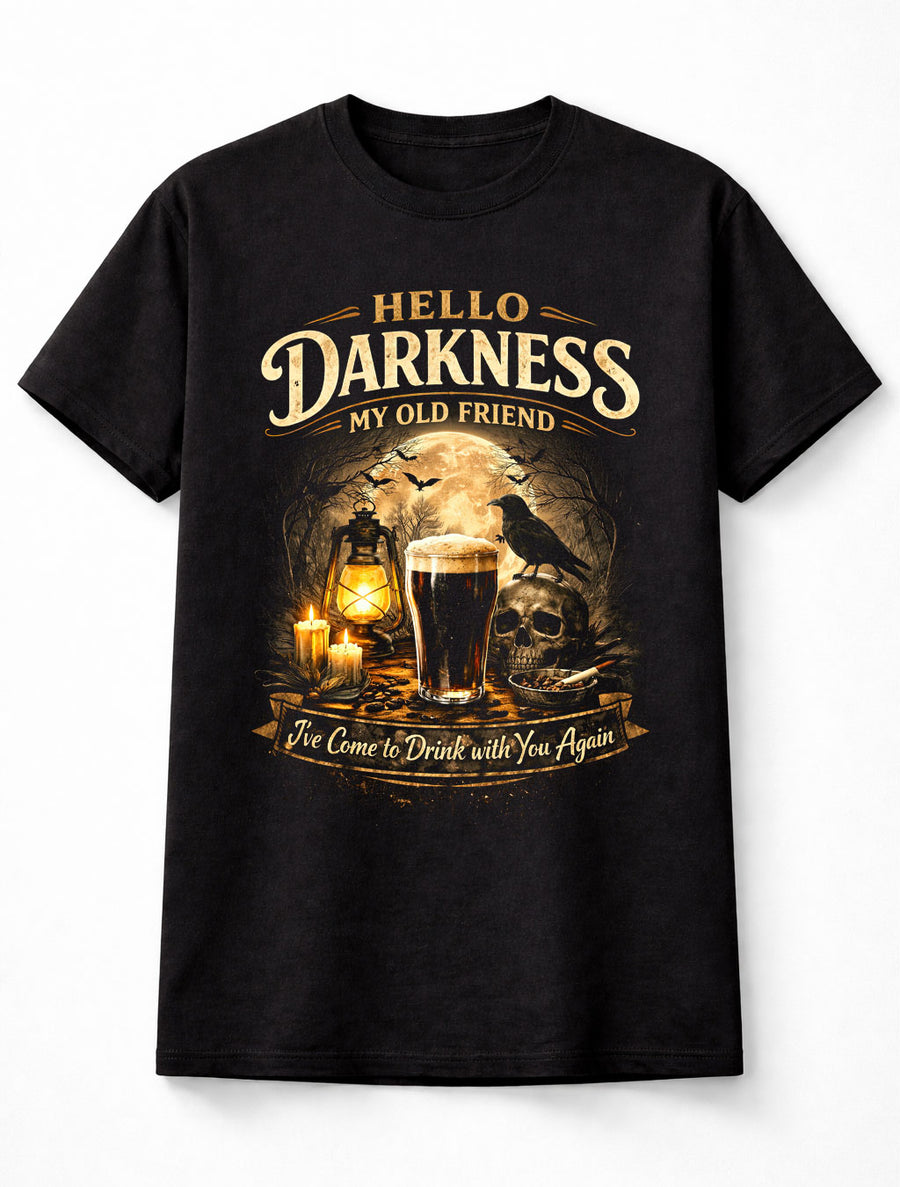Hello Darkness Raven Beer Skull Horror Graphic Unisex T-Shirt