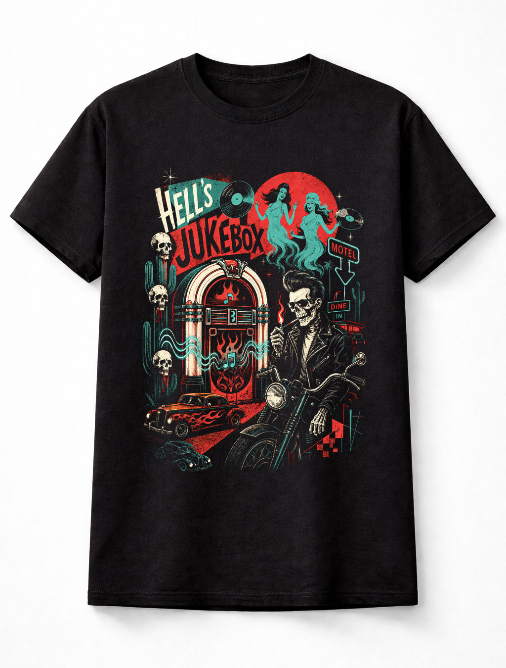 Hell's Jukebox Rockabilly Skeleton Biker Hot Rod Gothic Unisex T-Shirt