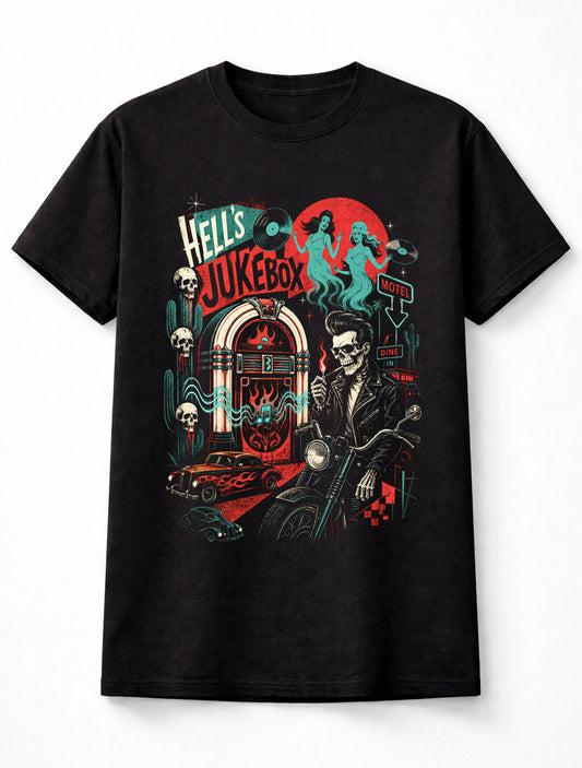Hell's Jukebox Rockabilly Skeleton Biker Hot Rod Gothic Unisex T-Shirt