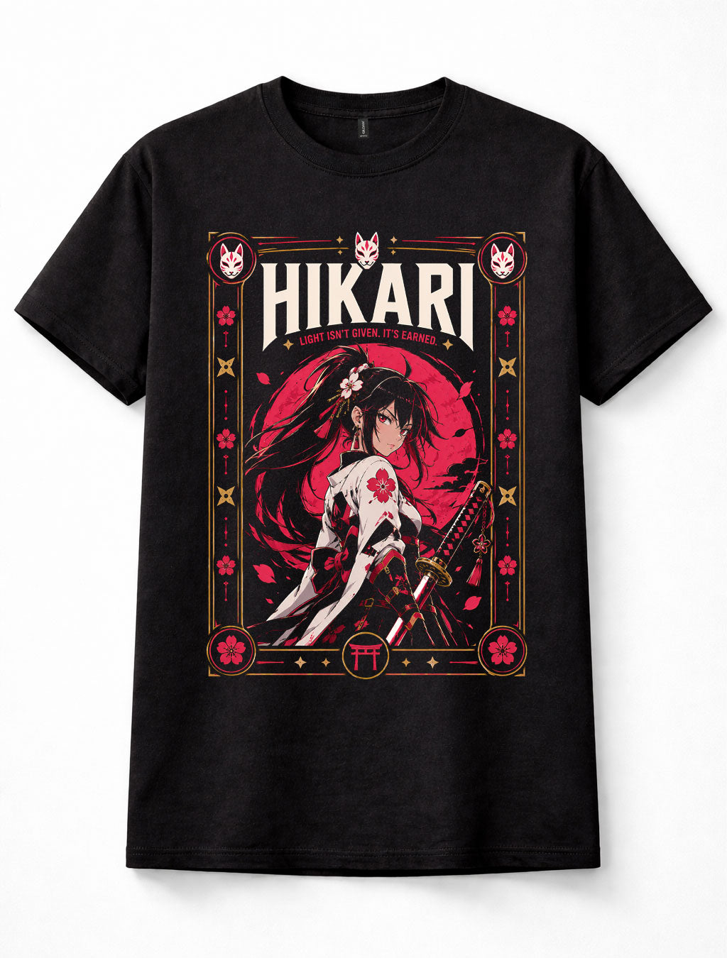 Hikari Anime Samurai Girl Katana Kitsune Japanese Warrior Black Unisex T-Shirt