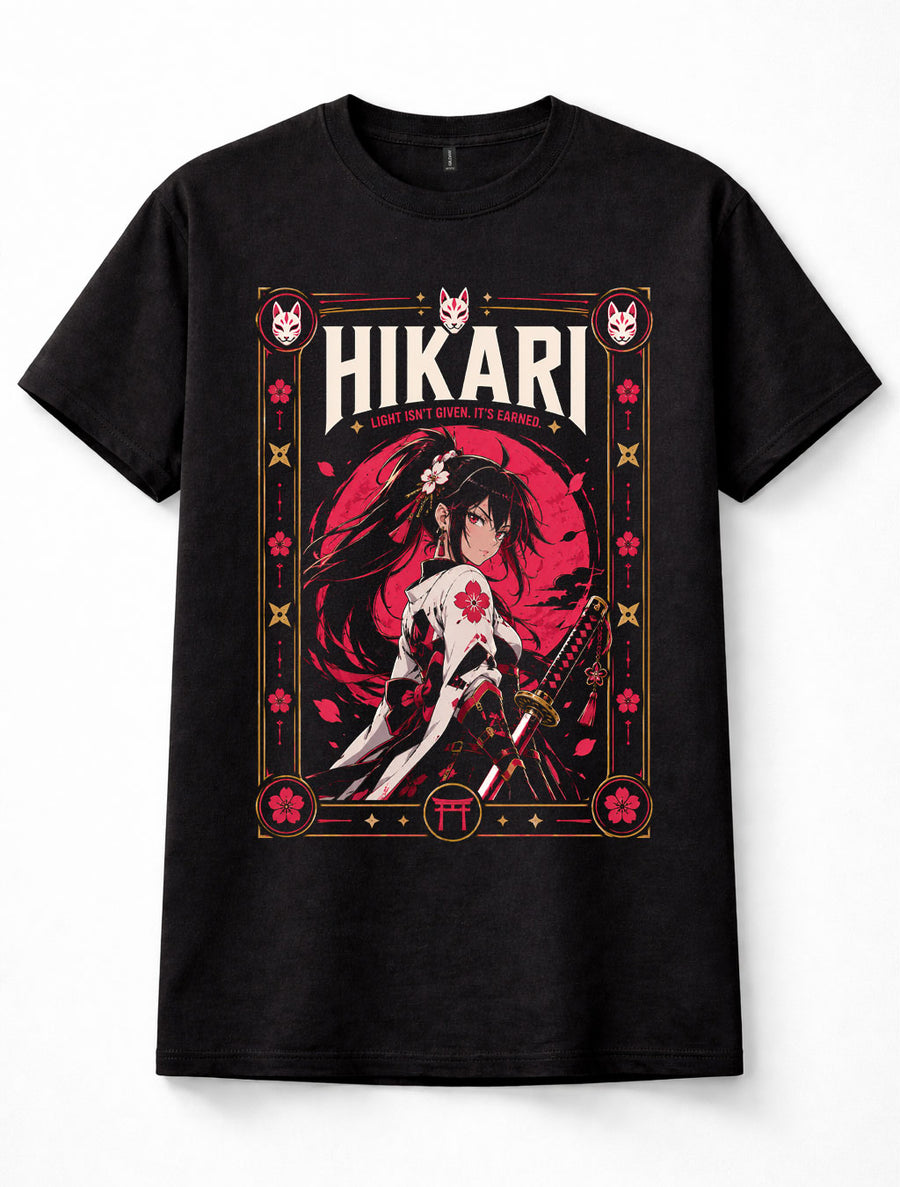 Hikari Anime Samurai Girl Katana Kitsune Japanese Warrior Black Unisex T-Shirt
