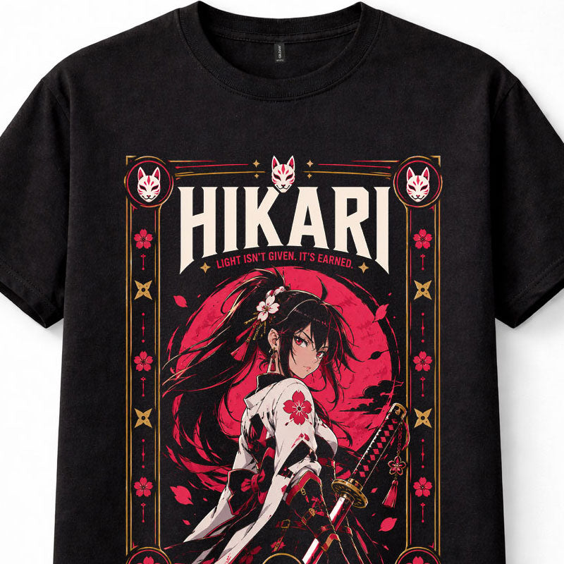 Hikari Anime Samurai Girl Katana Kitsune Japanese Warrior Black Unisex T-Shirt
