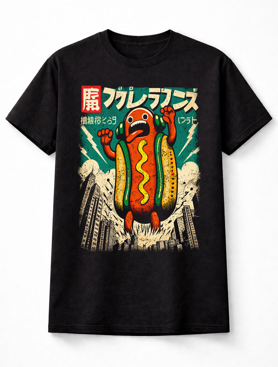 Kaiju Hot Dog Monster Japanese Retro Cartoon Graphic Unisex T-Shirt