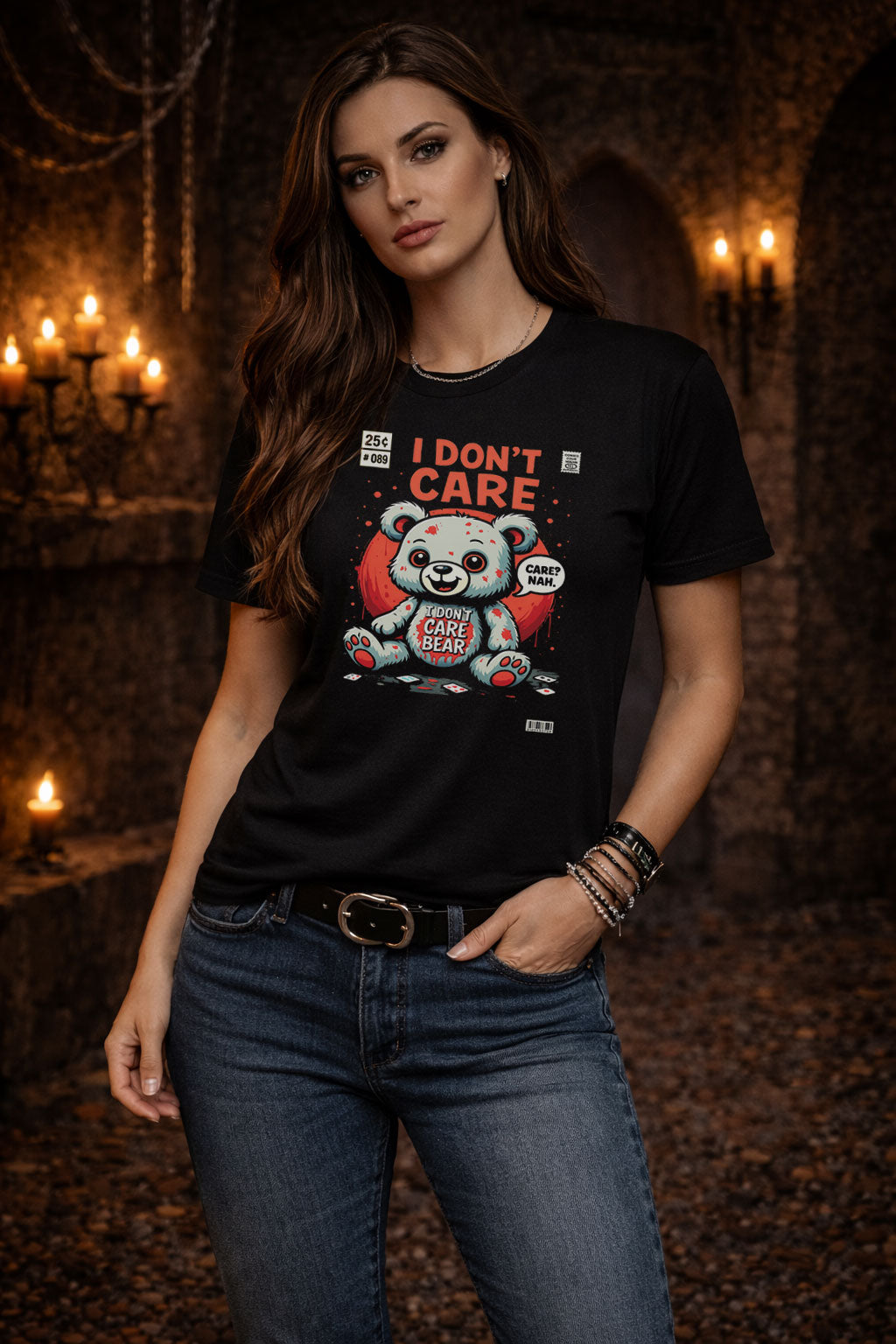 I Don’t Care Bear Parody T Shirt Cute Horror Teddy Dark Humour Graphic Tee