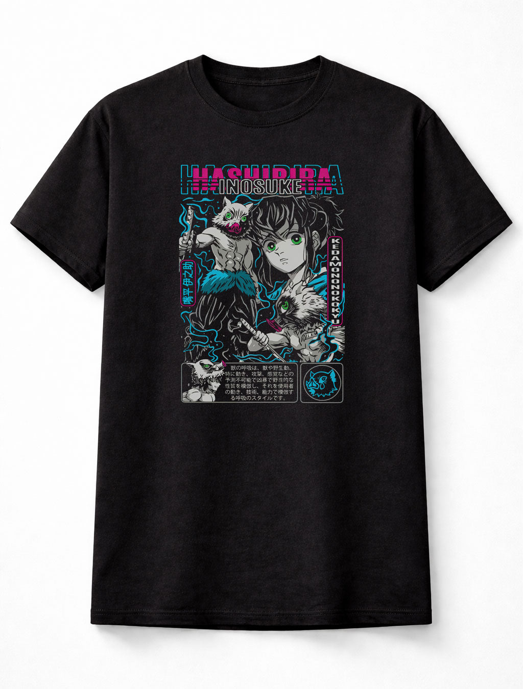 Inosuke Hashibira Demon Slayer Neon Beast Breathing Unisex Black Graphic Tee