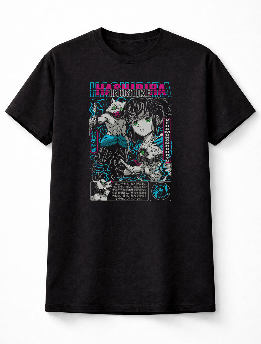 Inosuke Hashibira Demon Slayer Neon Beast Breathing Unisex Black Graphic Tee