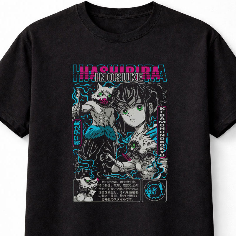 Inosuke Hashibira Demon Slayer Neon Beast Breathing Unisex Black Graphic Tee