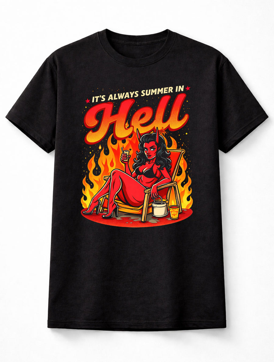 It’s Always Summer in Hell Devil Girl T Shirt Funny Dark Humor Fire Unisex T-Shirt